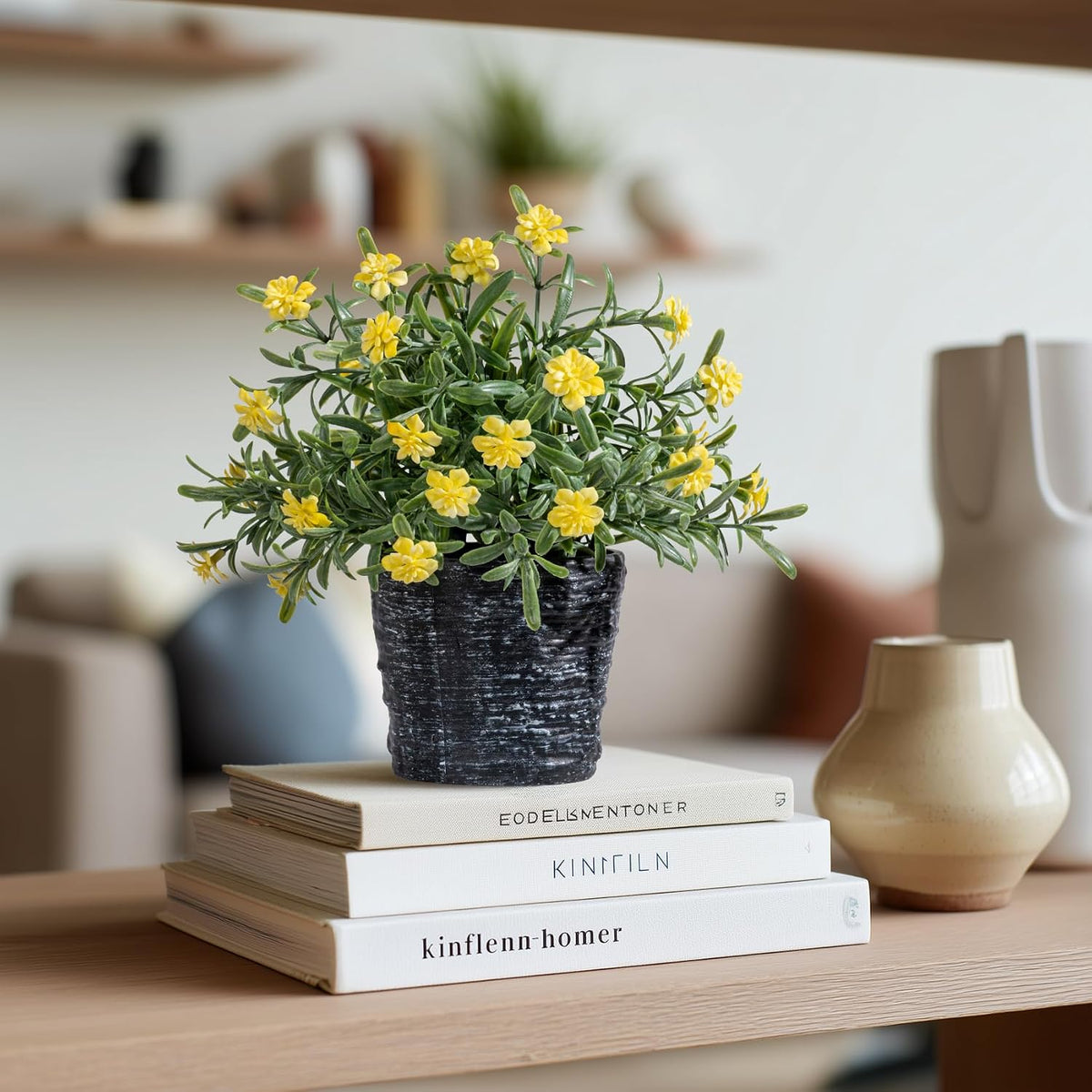 Small Fake Plants Set of 2, Mini Artificial Potted Plants with Flowers
