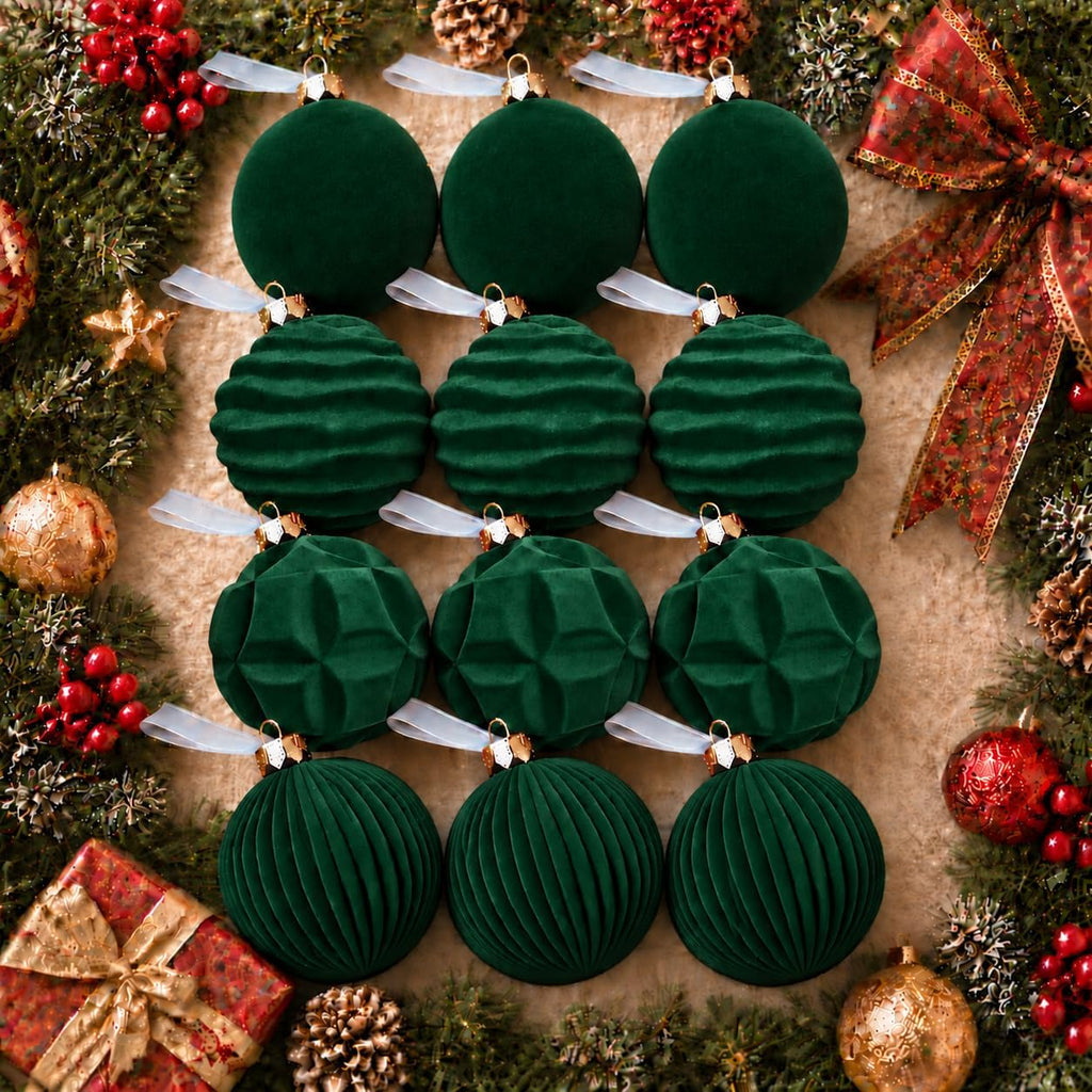 12 Pcs Velvet Ornaments for Christmas Tree Decorations, 3.15 Inch Green Velvet Christmas Balls with 4 Different Shapes, Shatterproof Velvet Ornaments Set for for Xmas Tree, Wreath, Holiday Home Decor