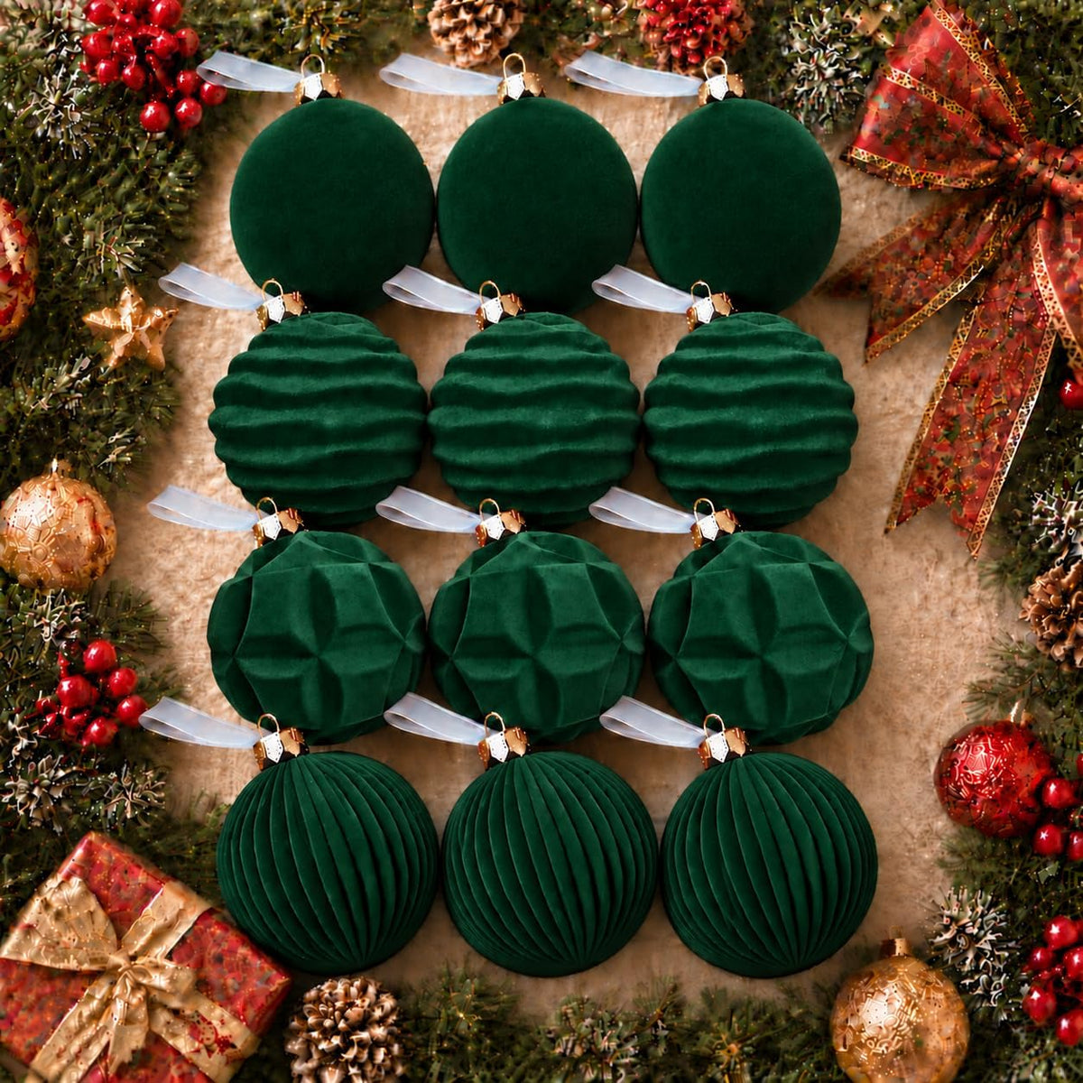 12 Pcs Velvet Ornaments for Christmas Tree Decorations, 3.15 Inch Green Velvet Christmas Balls with 4 Different Shapes, Shatterproof Velvet Ornaments Set for for Xmas Tree, Wreath, Holiday Home Decor