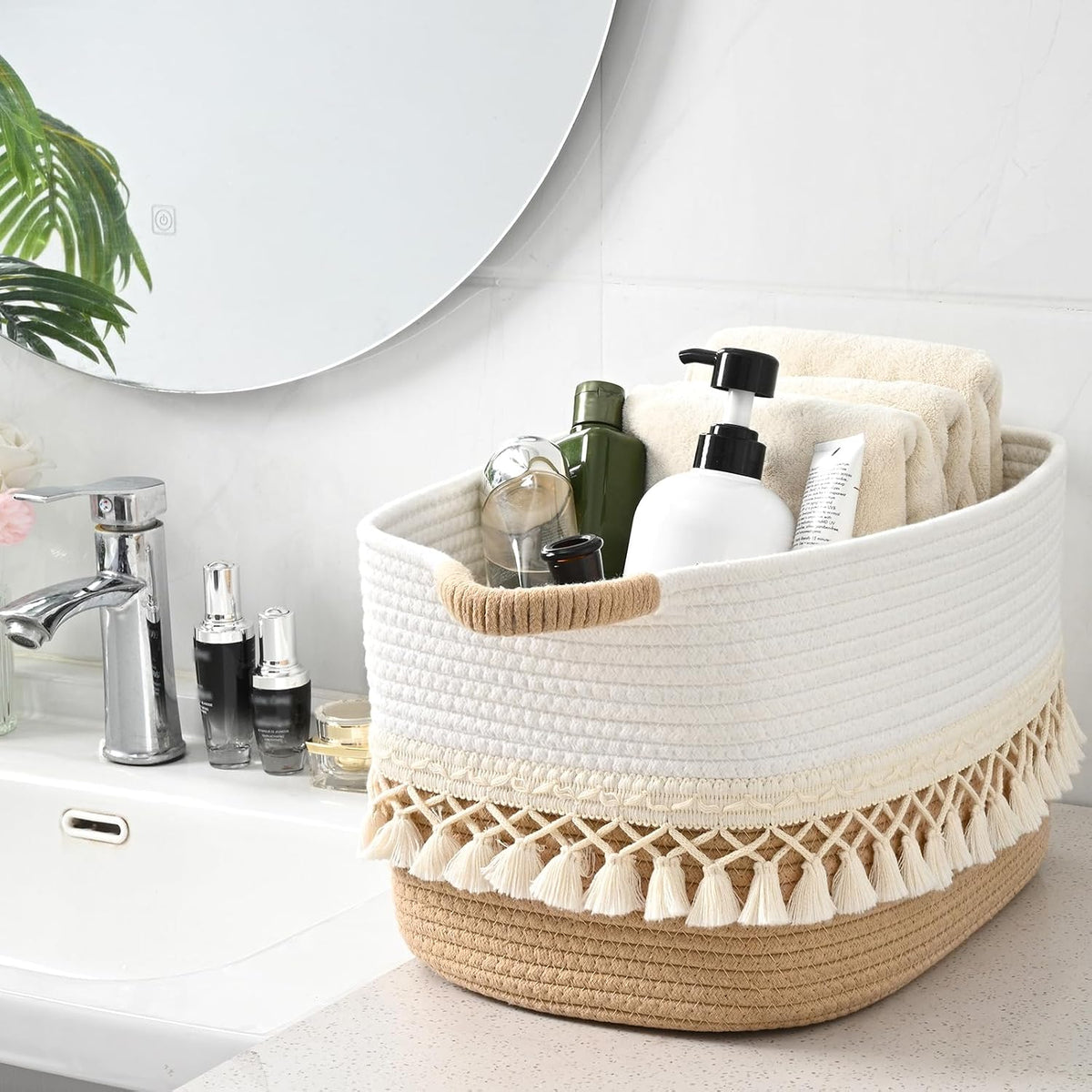 6 Pack Storage Basket for Shelves, Boho Cotton Rope Storage Bins with Heavy Tassel, Shelf Baskets Large Woven Baskets for Organizing, Cube Organizer Bins, Baby Laundry Basket for Clothes, Toys, Pets