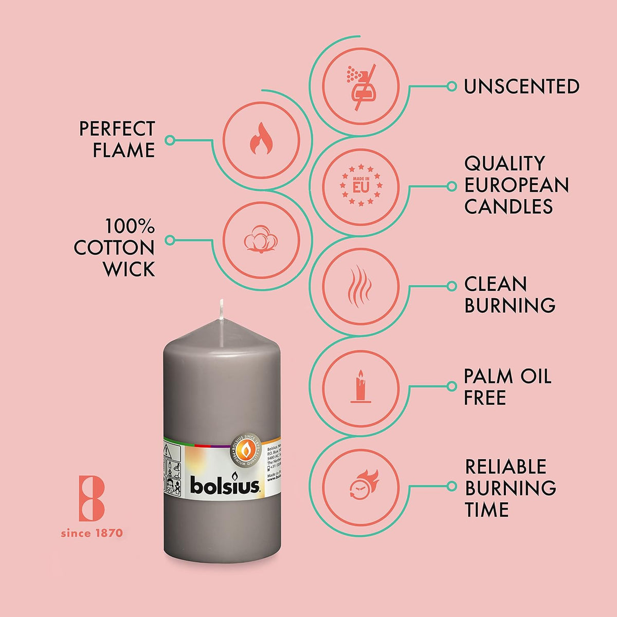 BOLSIUS 8 Grey Pillar Candles - 2.75 x 5 Inches - Premium European Quality - Individually Wrapped - 43 Hours Burn Time - Dripless & Smokeless - Unscented Dinner, Wedding & Restaurant Gray Candles