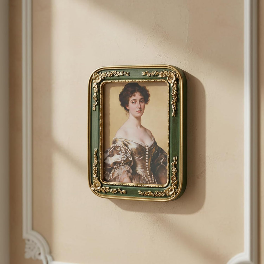 5 x 7 Picture Frame, Ornate Floral Embossed Victorian Style Decorative Photo Frame, Green Gold Vintage Picture Frames 5x7 with Glass Front for Tabletop, Shelf, Mantel or Wall Hanging, Traditional Vintage Home Décor (Green, 5X7)