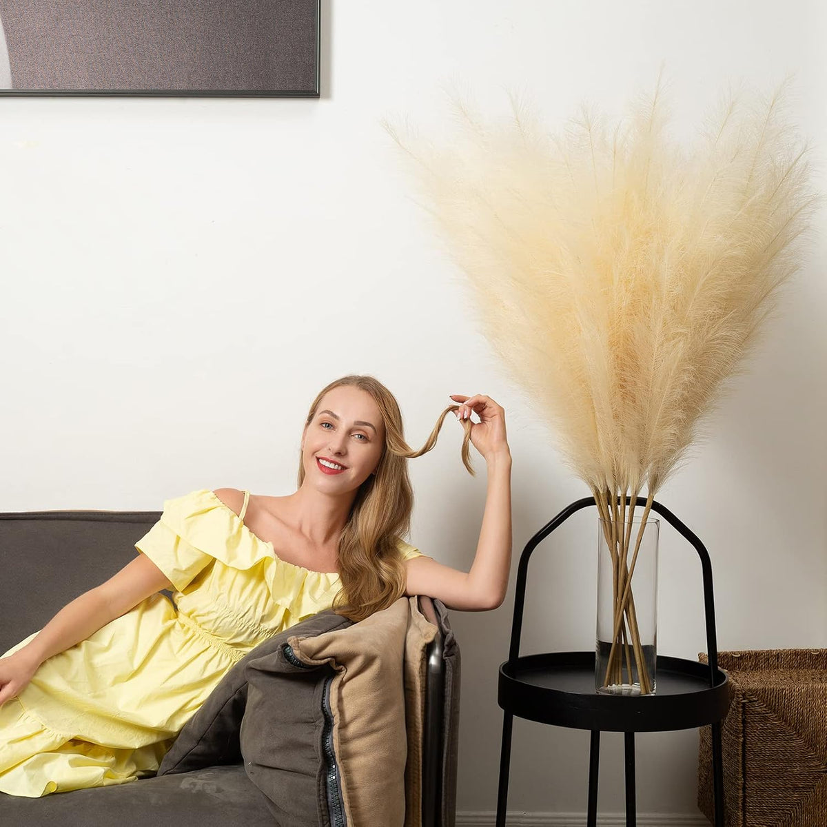 Faux Pampas Grass 6 Stems, Artificial Pampas Grass - 43 inch Total Extra Large Pompass Grass Tall Pompous Boho Flower Arrangement and Floor Vase Filler Home Decor for Room Wedding Party