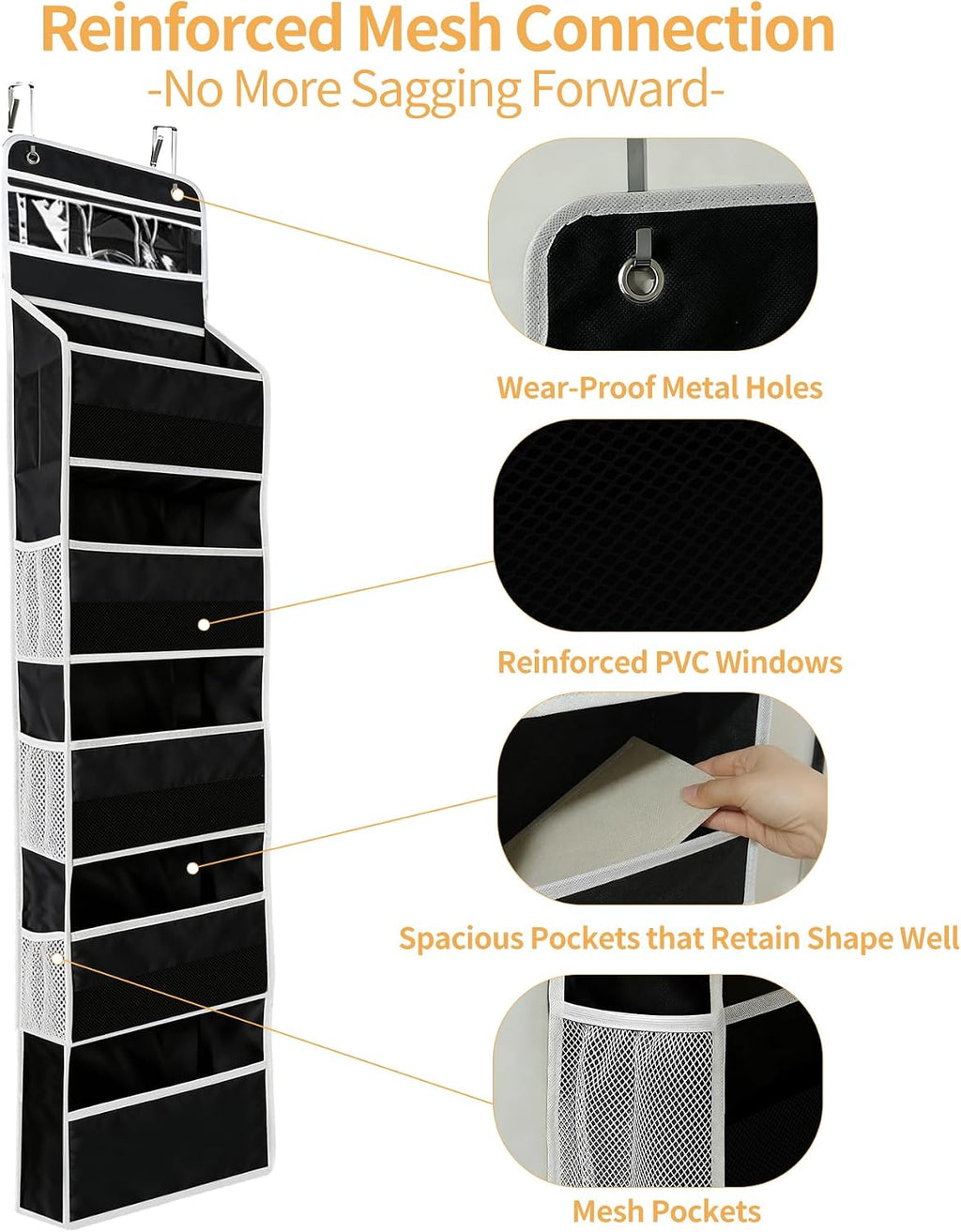 Over the Door Organizer, Door Storage Organizer with Large Capacity Pockets, Hanging Shelves for Bedroom, Closet, Dorm, Pantry (Black, 6-Tier)