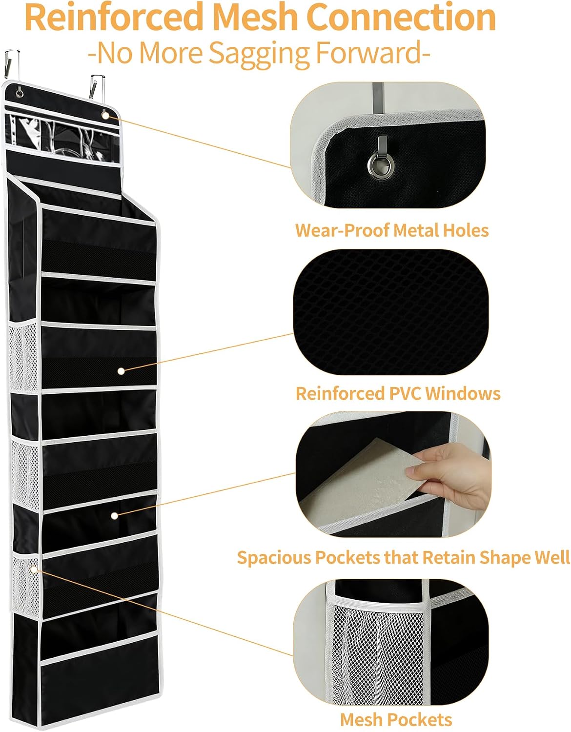 Over the Door Organizer, Door Storage Organizer with Large Capacity Pockets, Hanging Shelves for Bedroom, Closet, Dorm, Pantry (Black, 6-Tier)