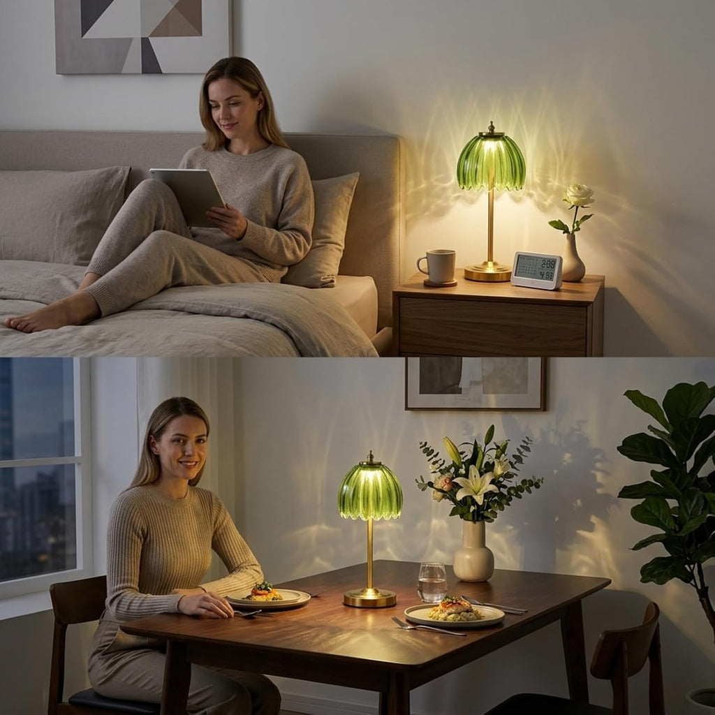 Glass Tulip Rechargeable Table Lamp, Cordless Flower Table Light -Green