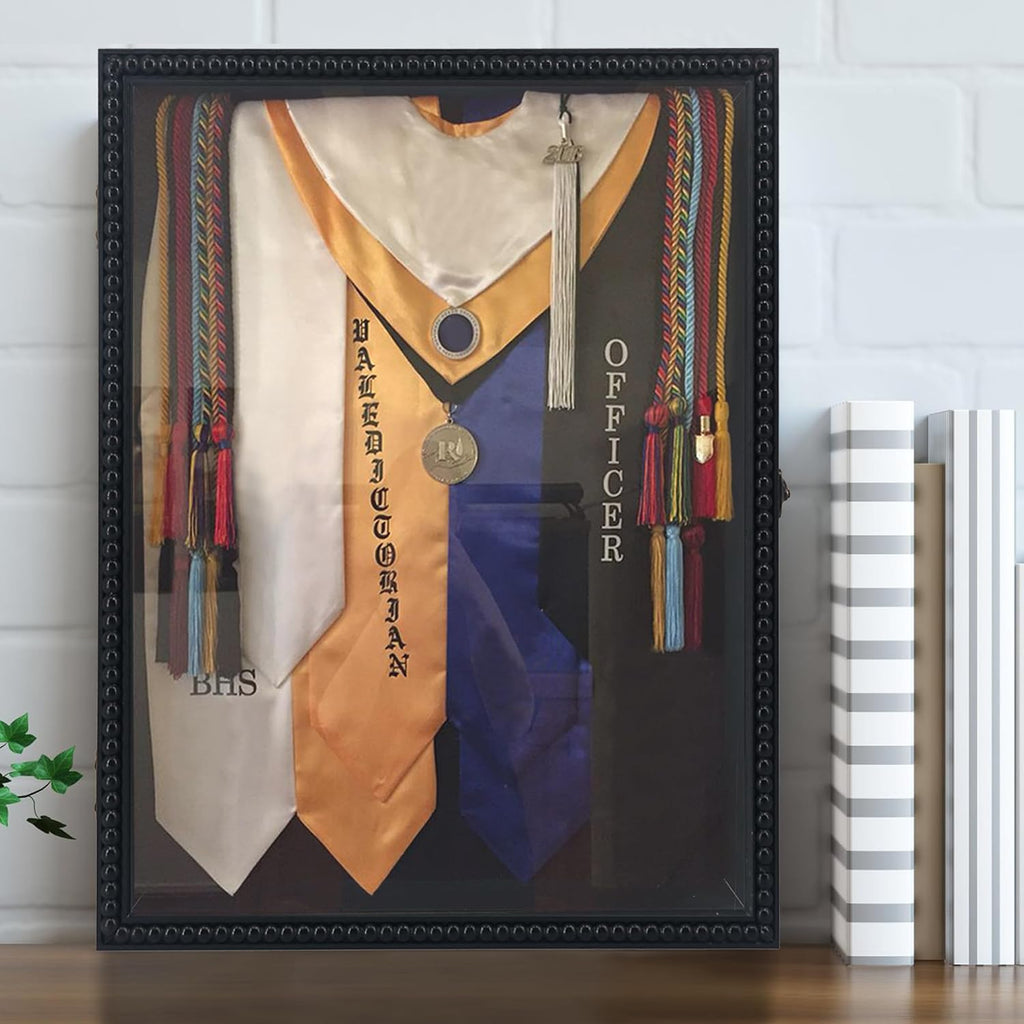 Graduation Shadow Box Frame - 13x16 Frame with Unique Design Beads, HD Glass Window, Metal Lock, Memory Box for Keepsake, Black