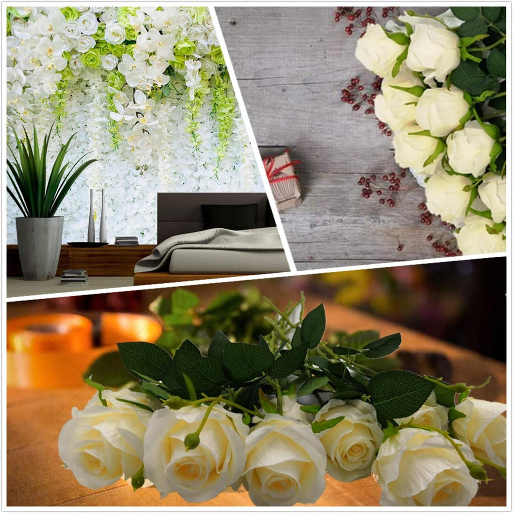 AnotherGifts Artificial Silk Rose Flower Bouquet Home Decor Wedding Party, Pack of 10 (Off White) Exclusive Style…