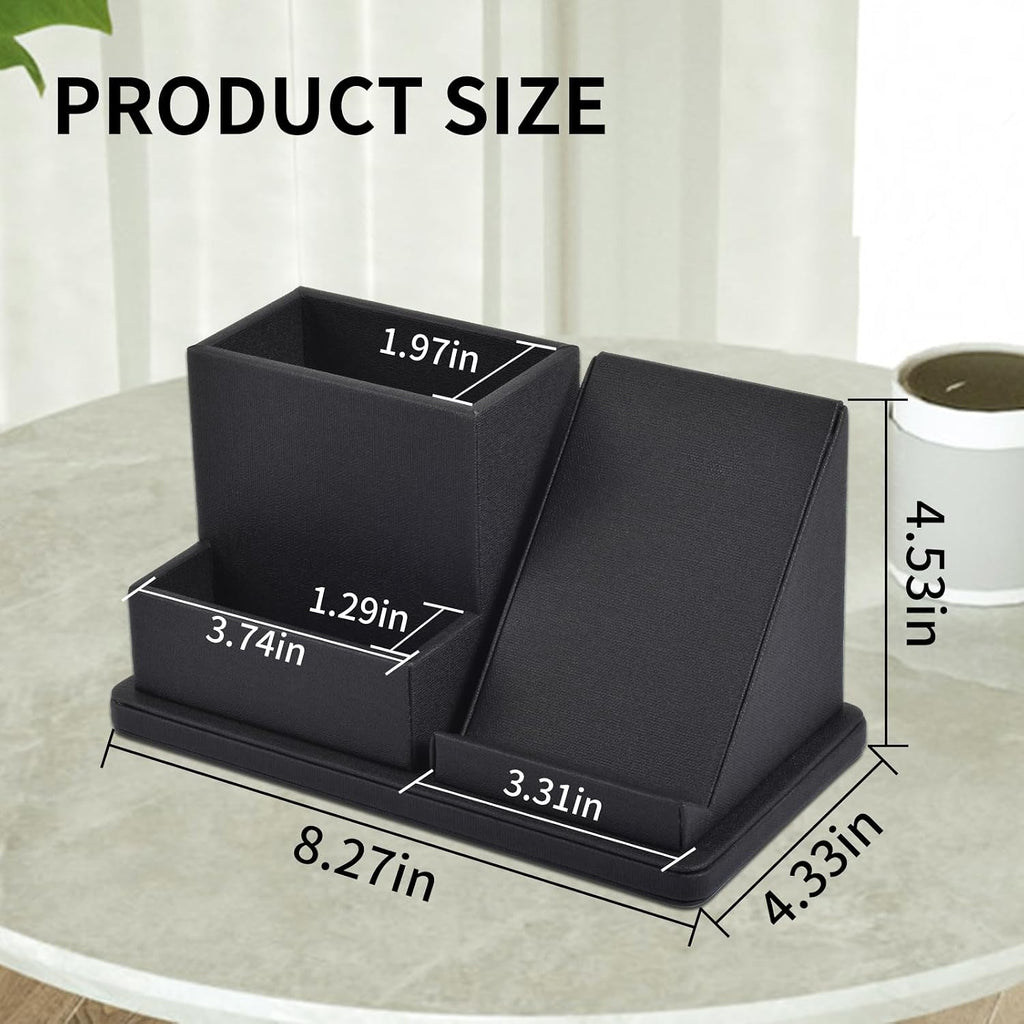 Pu Leather Desk Pen/Pencil Organizer Multi-Function Cell Phone/Remote Control Storage Box with 3 Compartments Office Supplies Sticky Note Tray Business Cards Holder,Black