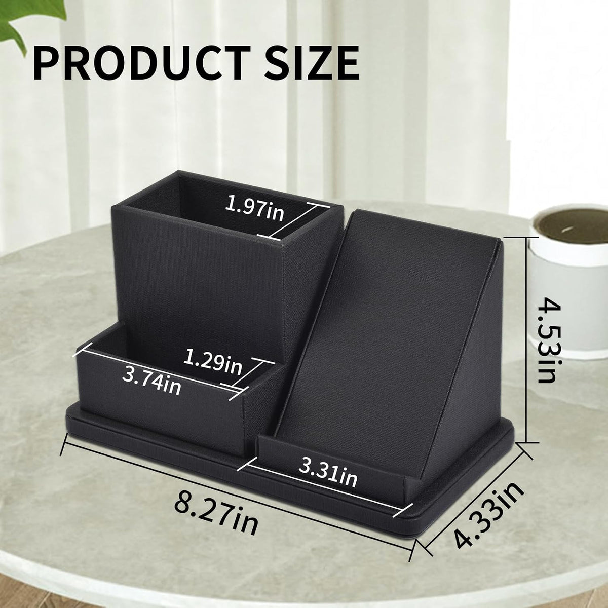 Pu Leather Desk Pen/Pencil Organizer Multi-Function Cell Phone/Remote Control Storage Box with 3 Compartments Office Supplies Sticky Note Tray Business Cards Holder,Black