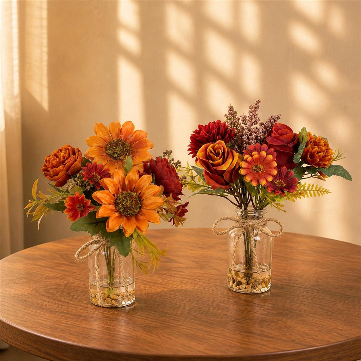 2 Packs Artificial Autumn Sunflower Rose in Glass Vase with Faux Water,Red