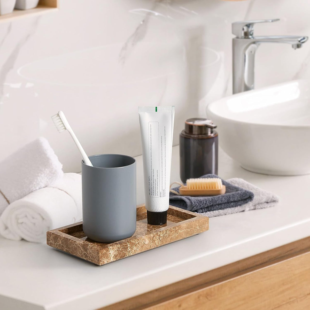 Natural Small Marble Vanity Tray, Stone Organizer for Bathroom & Kitchen