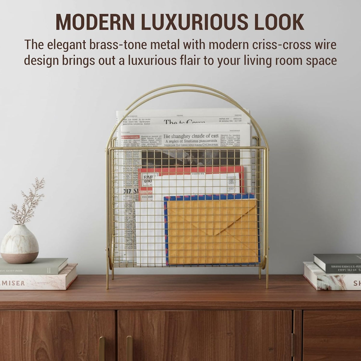 MyGift Mid Century Brass Tone Metal Mesh Magazine Rack Storage Basket
