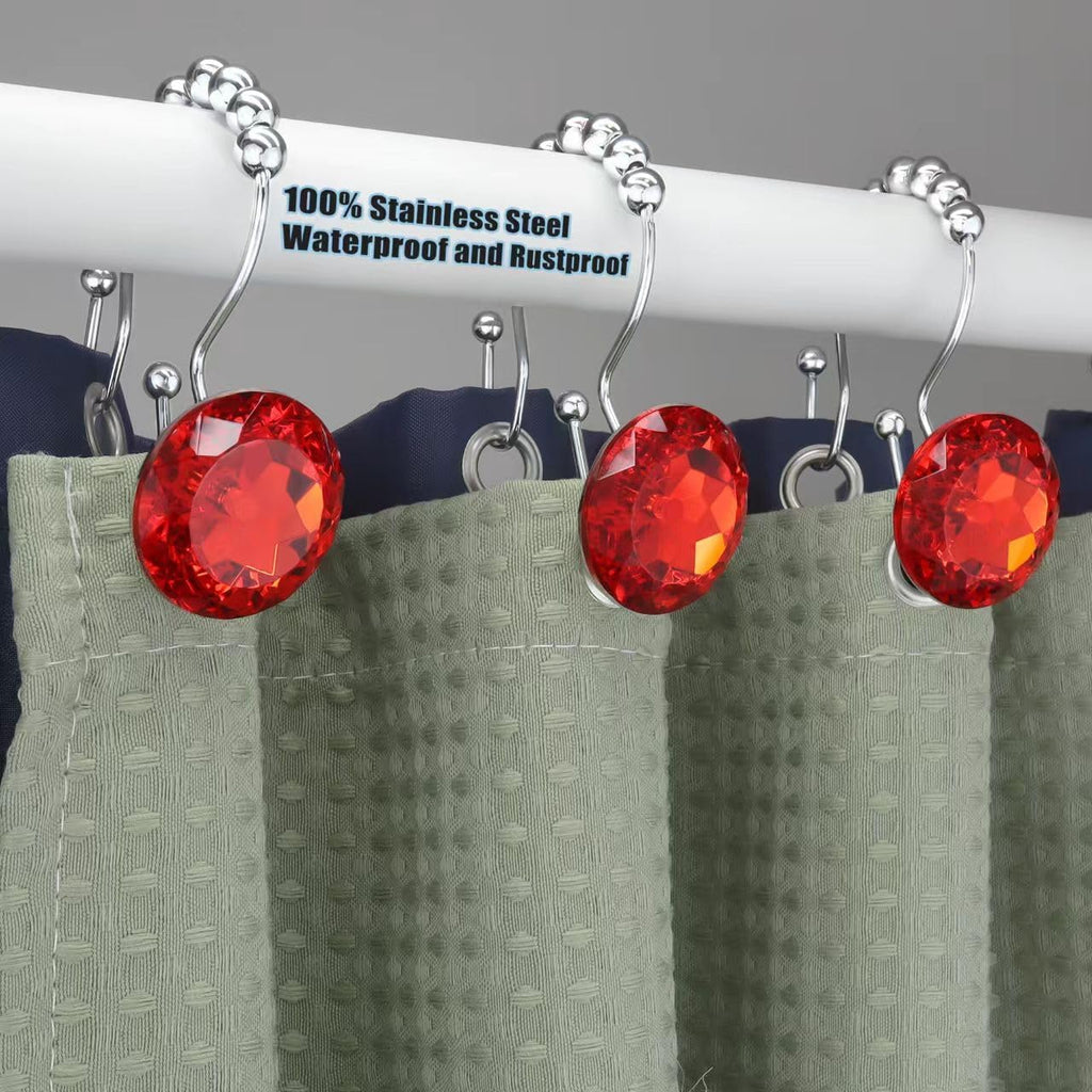 Shower Curtain Hooks Rings for Bathroom, 12PCS Double Hooks Glide Anti Rust Crystal Rhinestones Shower Curtain Rings Hangers for Shower Curtains, Clothing, Towels, etc. (Red)