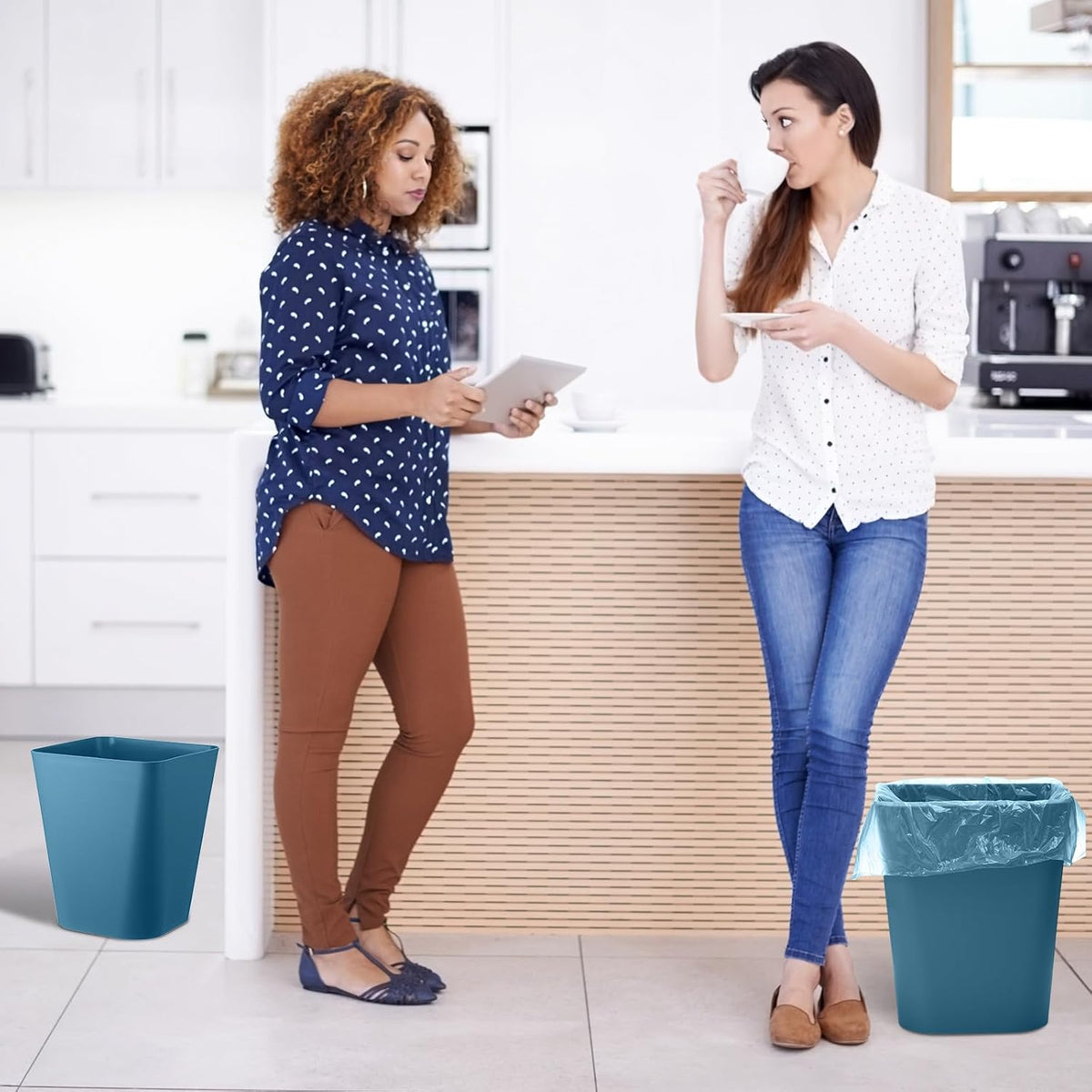Hoolerry 9 Pieces Garbage Can 2 Gallon Small Trash Cans Bulk Bathroom Trash Bin Plastic Wastebasket Square for Bedroom Slim Bathroom Trashcan Small Container for Kitchen Office Home (Bluish Green)