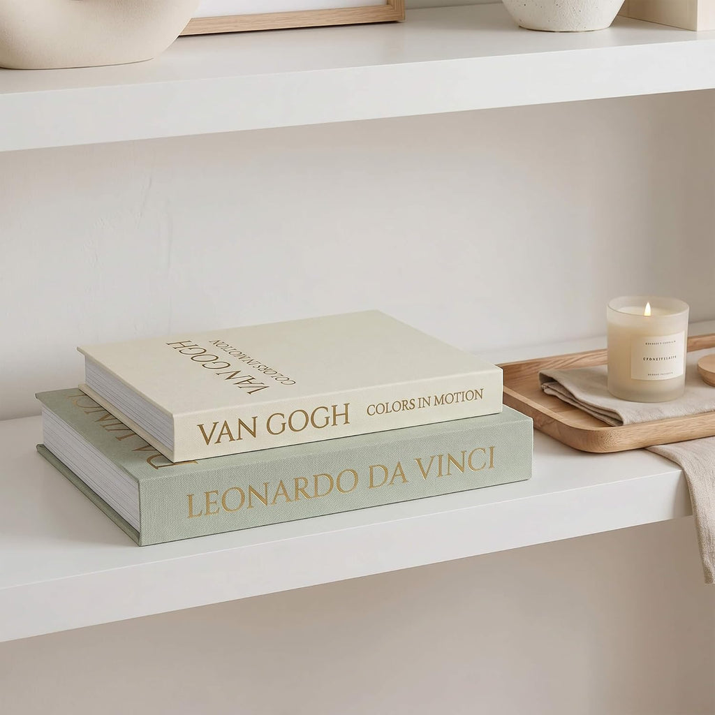 MAOBUYOU Decorative Storage Books Set of 2, Linen Cover, Gold Letters, White and Green