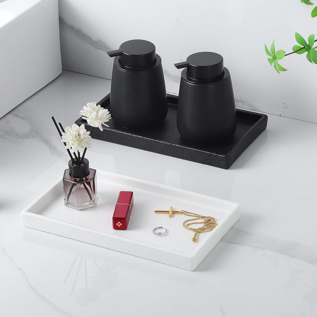 Bathroom Vanity Tray - 11'' Ceramic Rough-Textured Rectangle Countertop Tray, Heavy-Duty Organizer Plate for Perfume, Jewelry, Candles, Soap Dispenser, Kitchen Decorative Stone Trays, Black