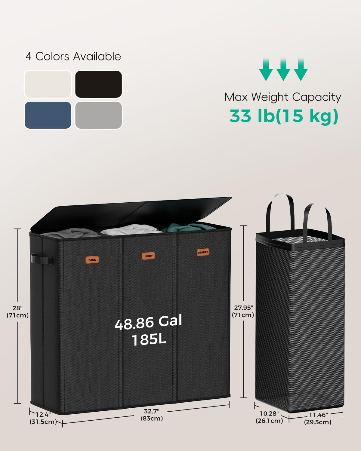 185L Laundry Hamper 3 Section with Lid & Removable Bags