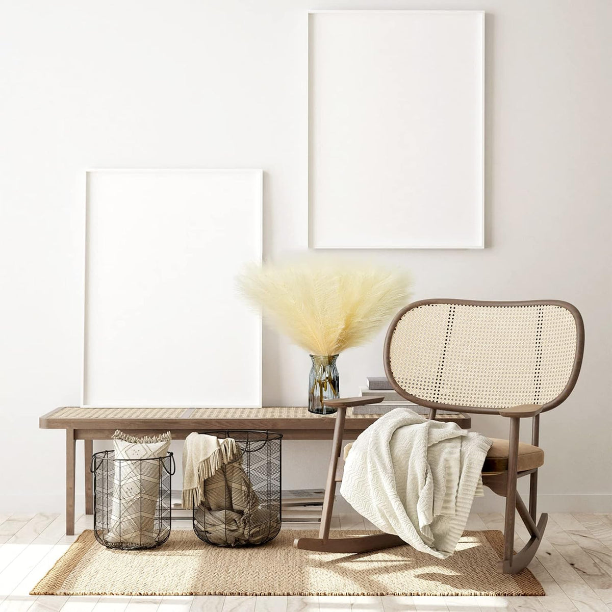 Faux Pampas Grass, 6 Stems Artificial Pampas Grass Decor Flurry Pompous Grass for Small Vase Boho Home Decor/Wedding Arrangements/Rustic Decor 18''/45cm (Beige)