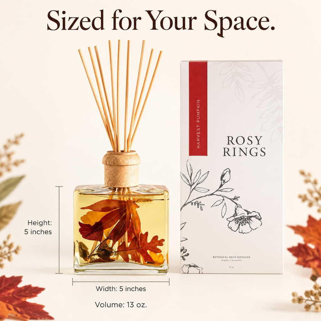 Rosy Rings Botanical Reed Diffuser 13oz - Lasts 6-12 Months Aromatherapy Notes of Cinnamon Clove Vanilla Long Lasting Floral Luxurious Fragrance Home Decor Housewarming Wedding Gifts (Harvest Pumpkin)