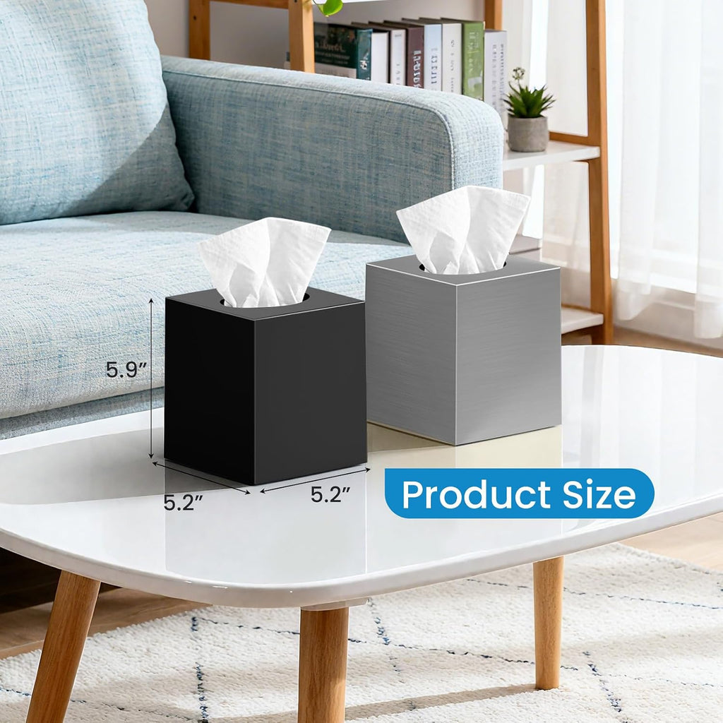 2 Pack Tissue Box Cover, Square Plastic Tissue Holder Non-Slip Base, Sliver