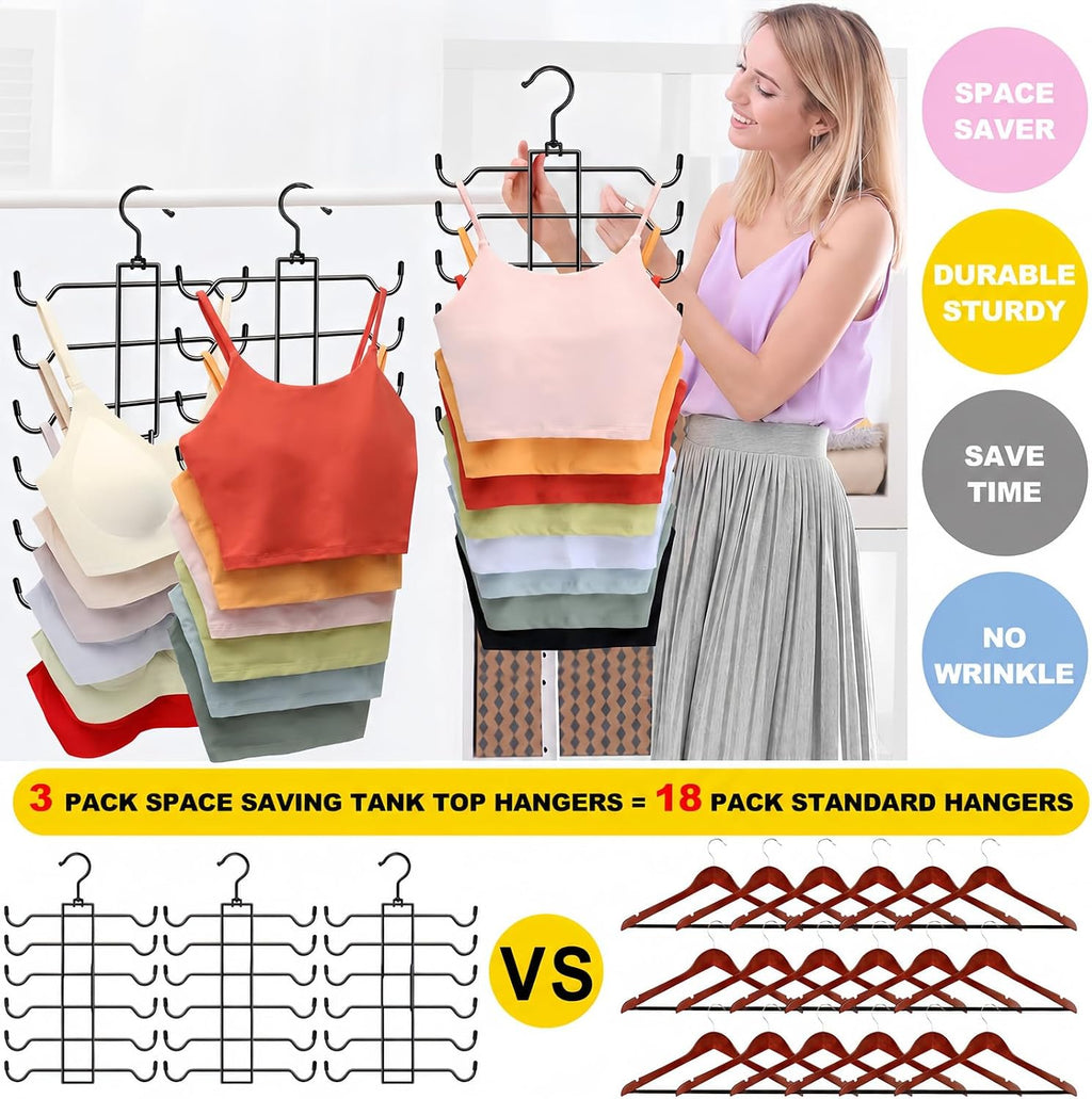 Stainless Steel Closet-Organizer-and-Storage, 3 Pack Tank Top Hanger Space Saving, Non-Slip 6-Tier Hanging Sport Bras Holder for Small Space Organization, RV Apartment Dorm-Room-Essentials