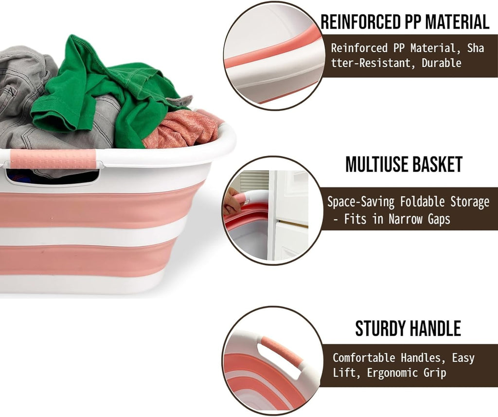 SAMMART 40L (10.5 gallon) Collapsible Plastic Laundry Hamper - Foldable Pop Up Storage Container/Organizer - Portable Washing Tub - Space Saving Basket (1, White/Quartz Pink)