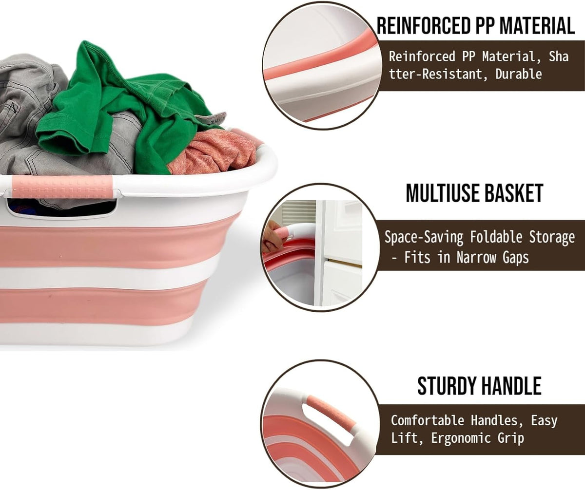 SAMMART 40L (10.5 gallon) Collapsible Plastic Laundry Hamper - Foldable Pop Up Storage Container/Organizer - Portable Washing Tub - Space Saving Basket (1, White/Quartz Pink)