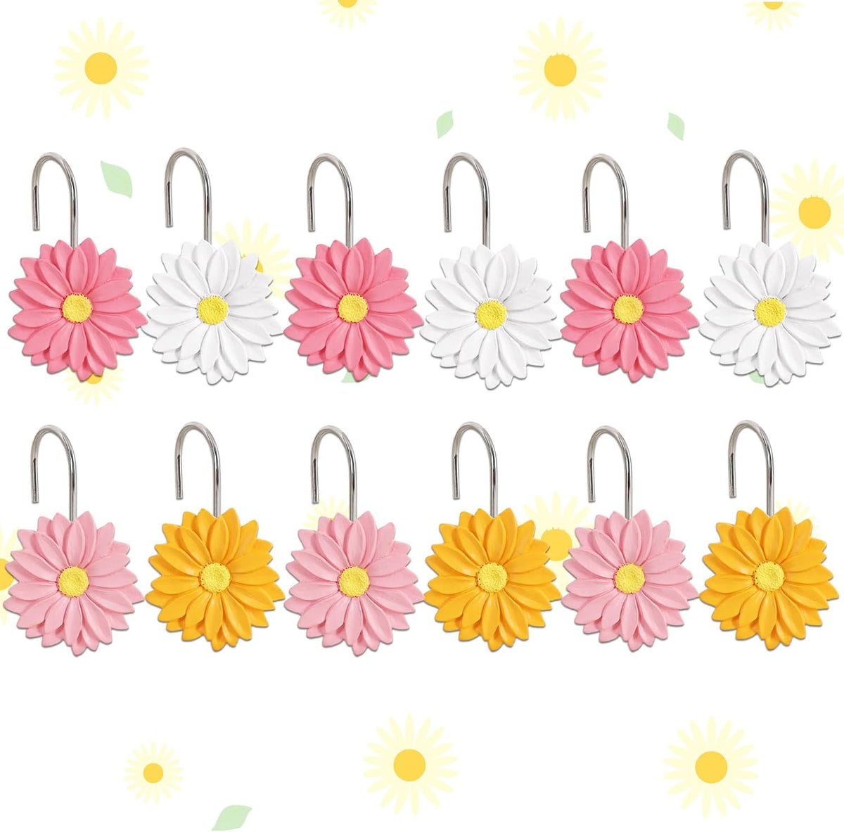 12-Piece Flowers Daisy Floral Shower Curtain Hooks for Bathroom