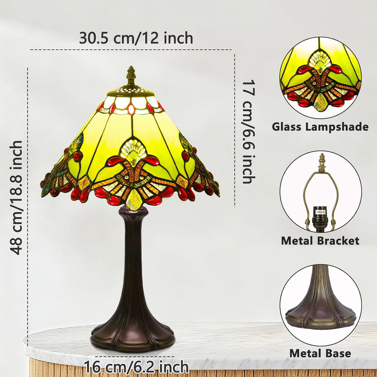 Tiffany Style Lamp,Green,Remote Brightness & Temp Control,12 Inch