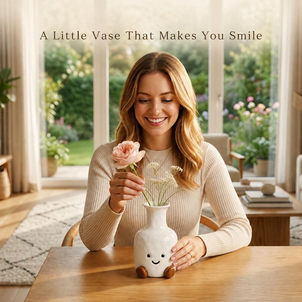 Cute Flower Vase, White Ceramic Smiley Face Vase for Home Decor & Gifts