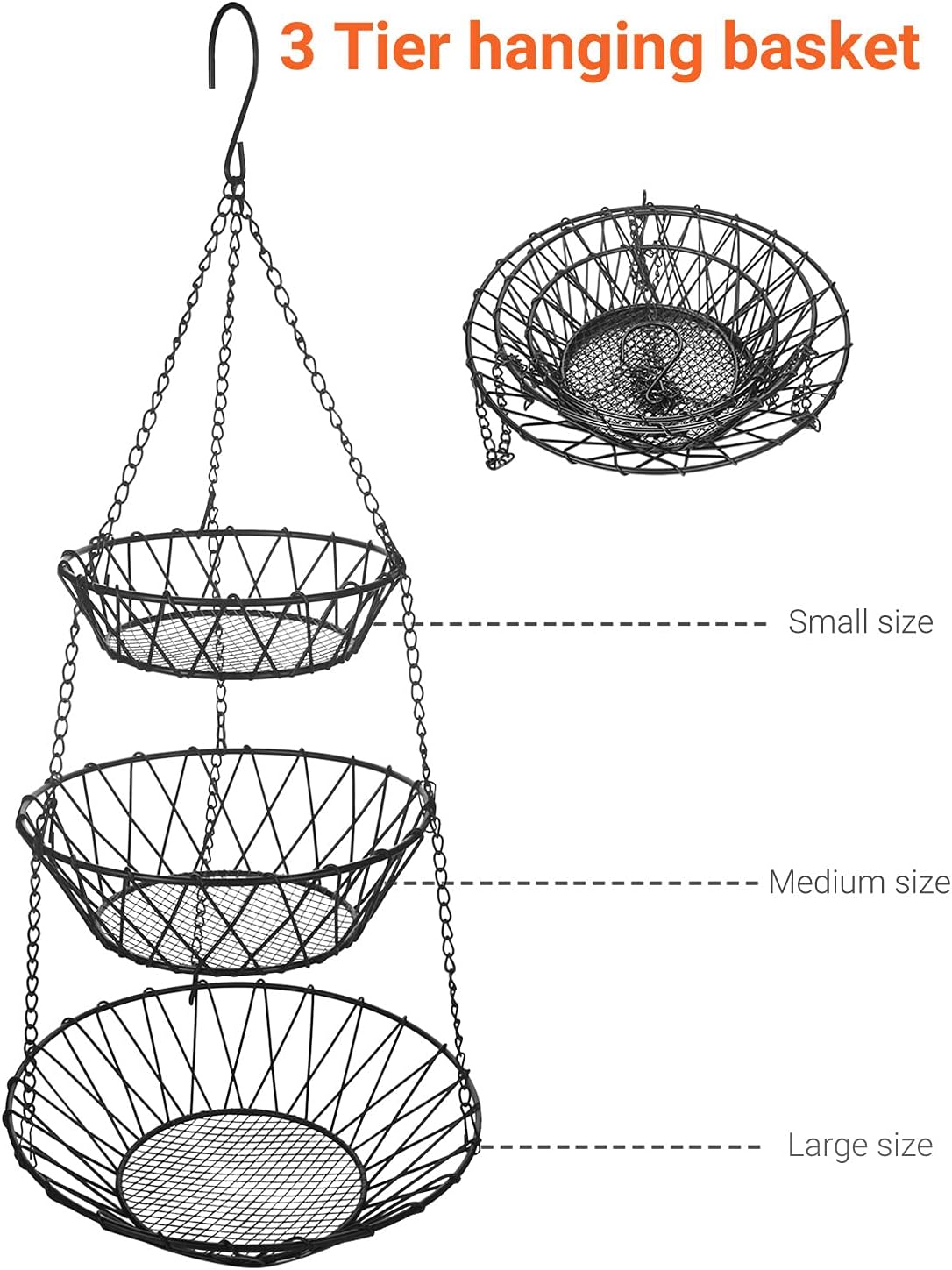 3 Tier Hanging Basket with Sturdy Metal Chain Hanging Hooks