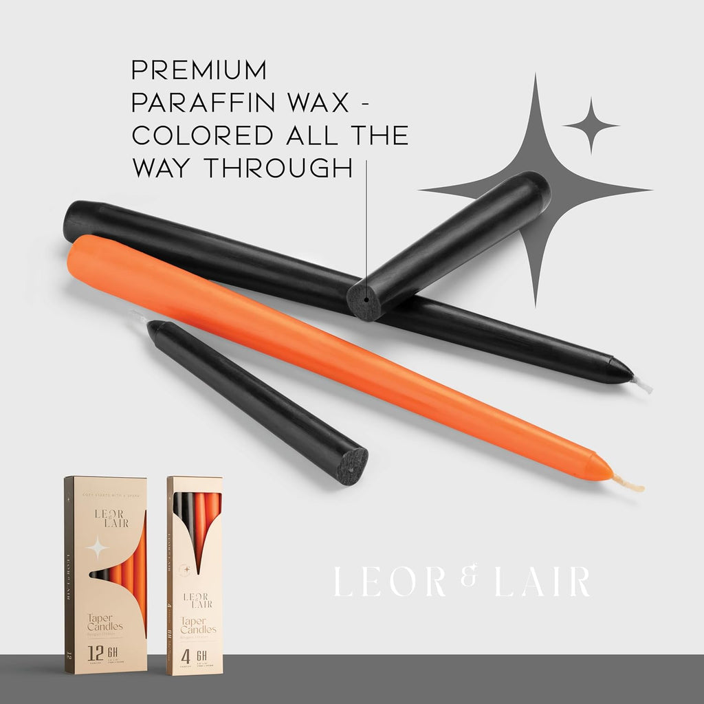 Leor & Lair Halloween Candlesticks, 4 Pack, 10" Orange & Black Candles