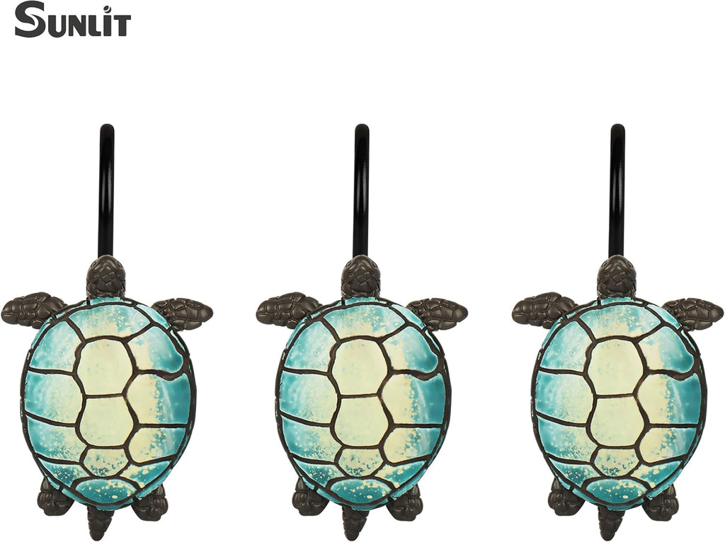 Sunlit Sea Turtle Shower Curtain Hooks, Home Decorative Shower Curtain Rings with Black Hooks for Bathroom, Resin, Ocean Shower Curtain Hanger Hooks for Kid Room Living Room, Set of 12