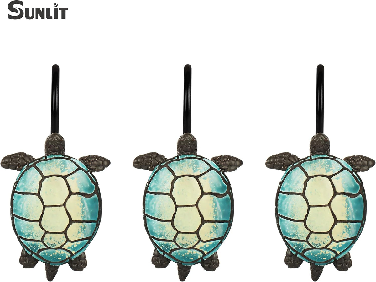 Sunlit Sea Turtle Shower Curtain Hooks, Home Decorative Shower Curtain Rings with Black Hooks for Bathroom, Resin, Ocean Shower Curtain Hanger Hooks for Kid Room Living Room, Set of 12