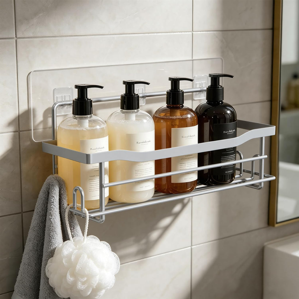 Shower Caddy Shelves Organizer Rack, Single Pack Silver Stainless Steel Shower Caddy,No Drilling Wall Mounted Adhesive Shower Shelf for Inside Shower, Paint Nickel