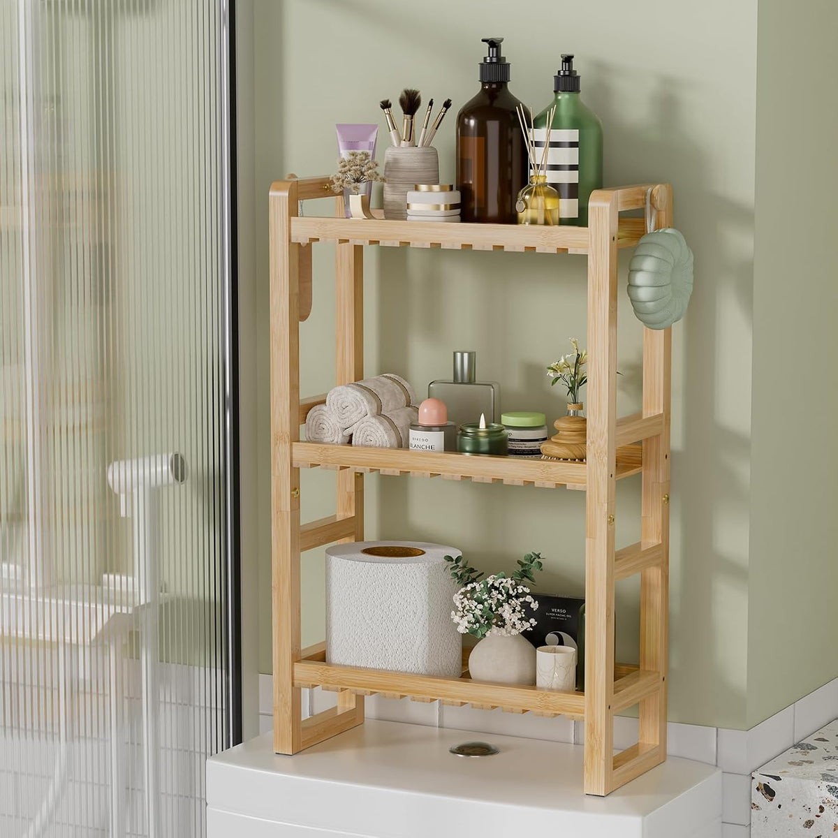 AmazerBath Bamboo Over The Toilet Storage Shelf - 3-Tier Bathroom Organizers and Storage Shelves, 2 in 1 Dual Stable Above Over Toilet Bamboo Shelf Home Storages Rack for Small Bathroom, Space Saver