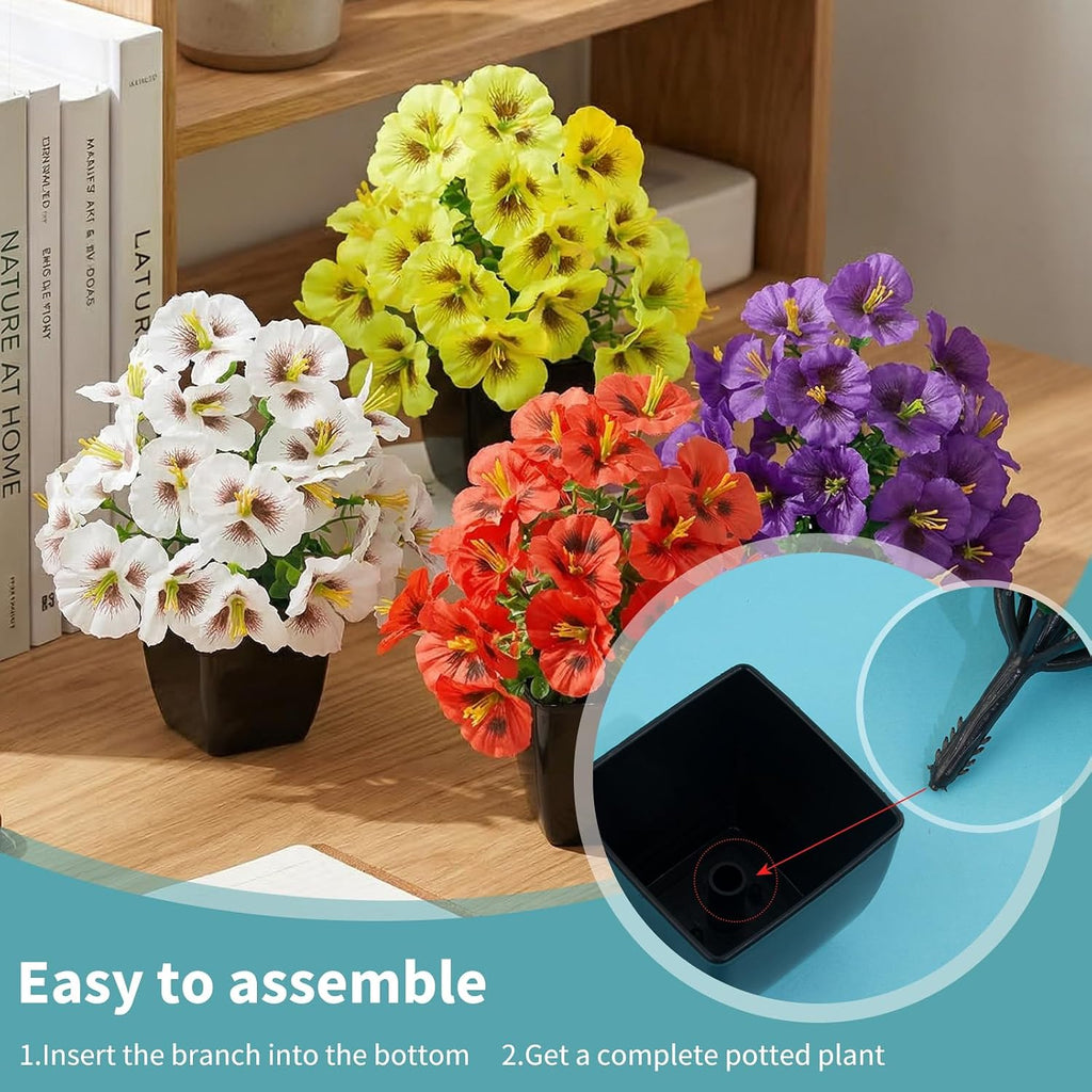 LOYWREE 4 Pack Small Faux Plants Spring Artificial Pansy Flowers Fake Plants Indoor Bathroom Accessories for Home Room Office Desk Decor(Black Square Pot)