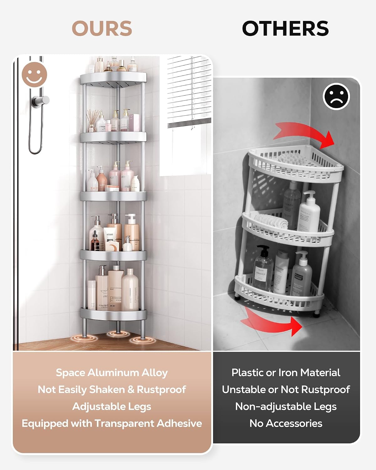 Nieifi 5 Tier Aluminum Corner Shower Caddy Standing-Rustproof-Silver