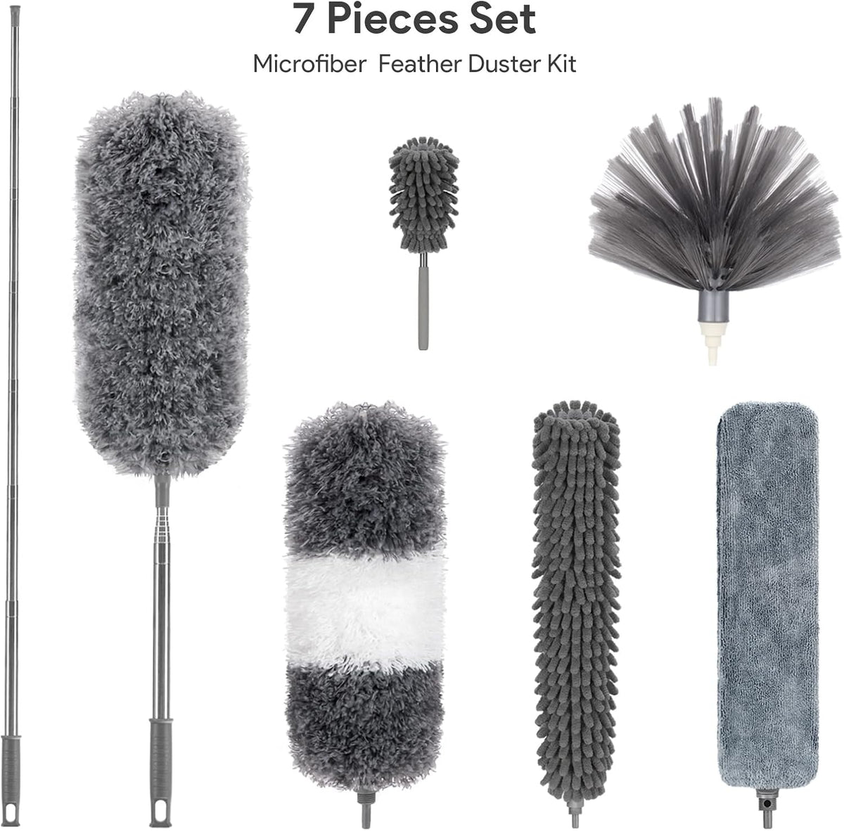DELUX Microfiber Feather Duster,7 PCS Reusable Bendable Washable Cobweb Duster with 100 inches Extra Long Extension Pole for Cleaning Ceiling Fan, High Ceiling, Blinds, Furniture & Cars