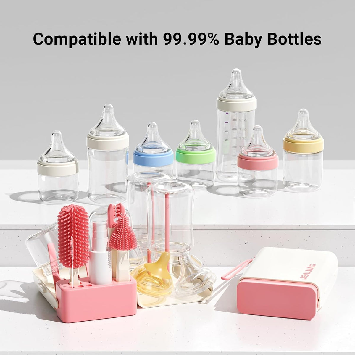 Aynmer Baby Bottle Brush, 10 in 1 Travel Baby Bottle Cleaner Brush Set with Silicone Brush, Nipple Brush, Straw Brush, Soap Dispenser, Portable Drying Rack, Breast Pump & Bottle Cleaning Kit - Pink