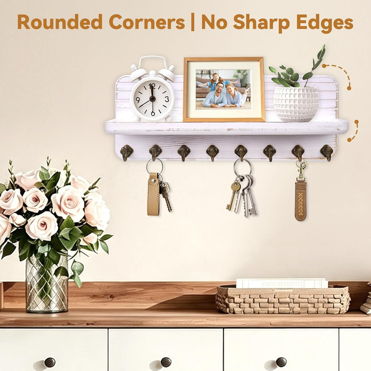 Key Holder for Wall, Mail Organizer Wall Mount with 8 Hooks Wooden Hanging Key Rack for Home Decor, Hallway, Entryway (Vintage White)