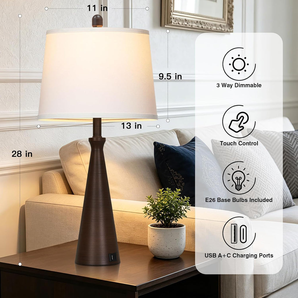 Rinweey 28" Modern Metal Table Lamp Set of 2 for Living Room Bedroom, Brown