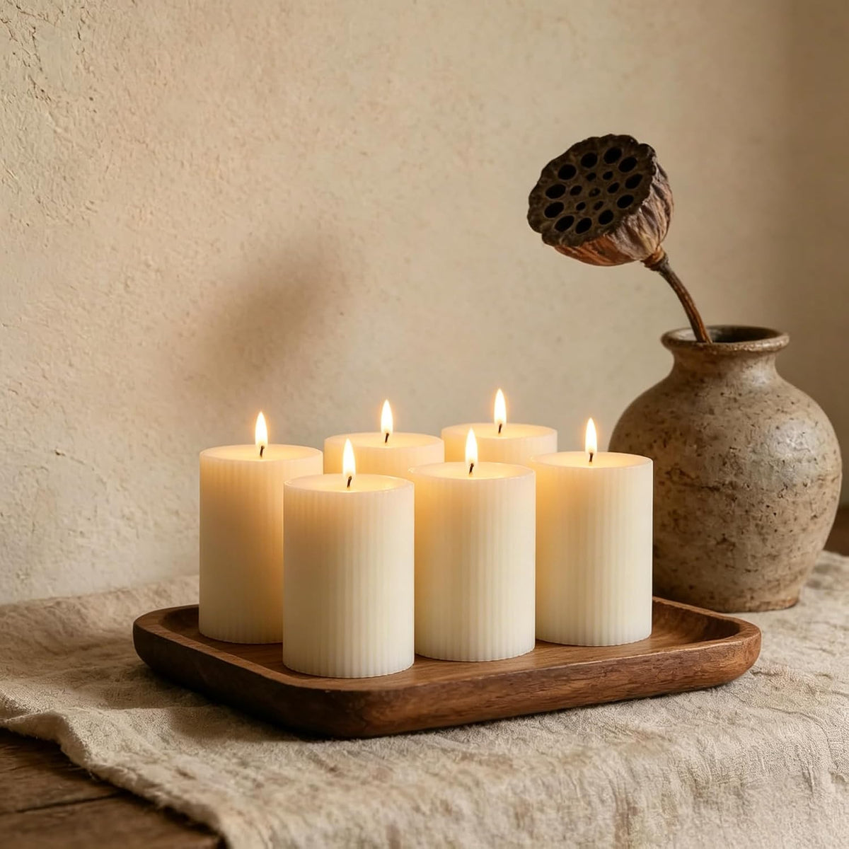 Ribbed Pillar Candles 3x4 Inch 6 Pack White Soy Candles