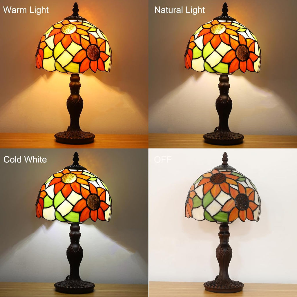 Tiffany Table Lamp,3 Color-Temperature Sunflower Stained Glass Lamp,8X8X15 Inch Small Accent Antique Nightstand Bedside Table Lamps for Bedroom Living Room Home Office Light +LED Bulb