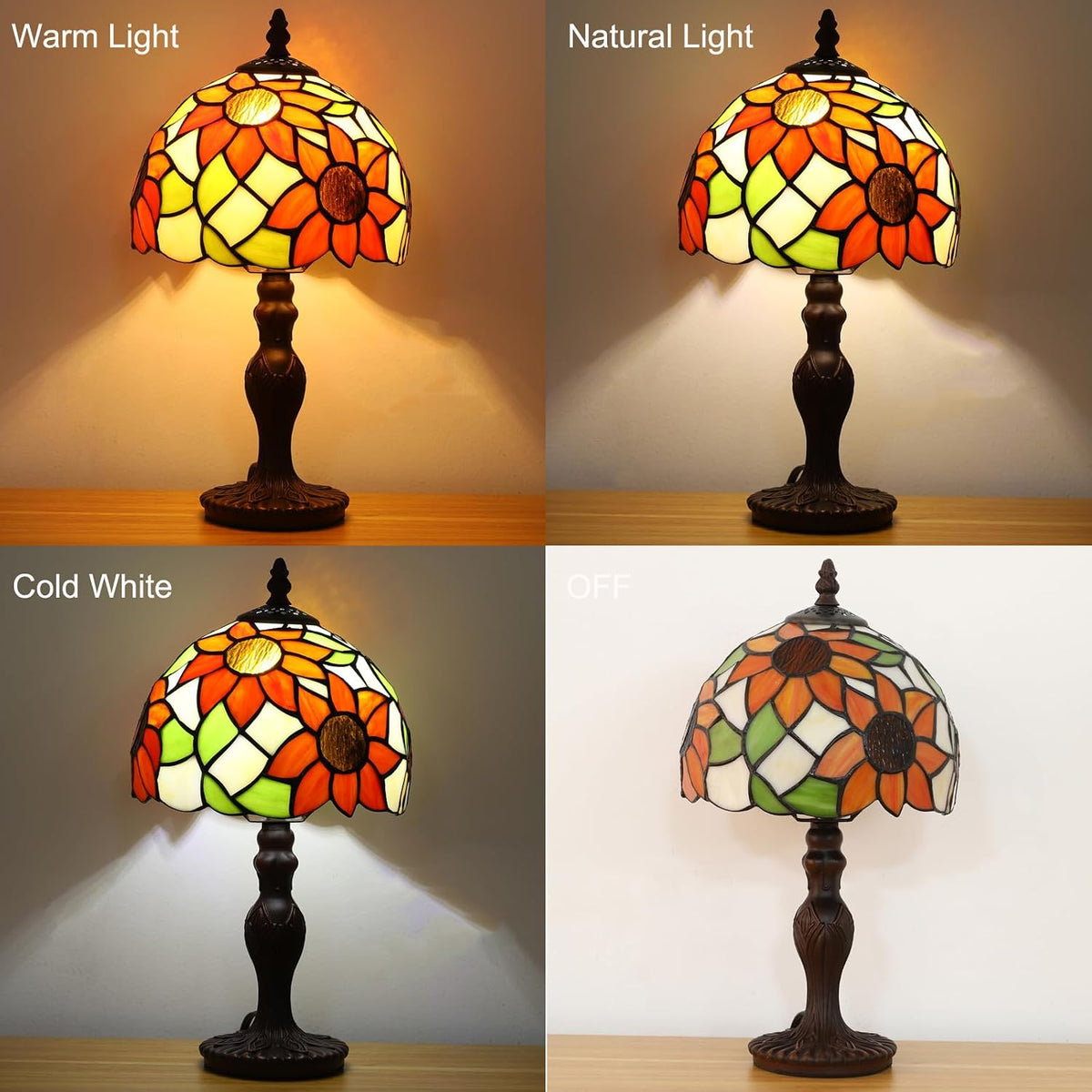 Tiffany Table Lamp,3 Color-Temperature Sunflower Stained Glass Lamp,8X8X15 Inch Small Accent Antique Nightstand Bedside Table Lamps for Bedroom Living Room Home Office Light +LED Bulb