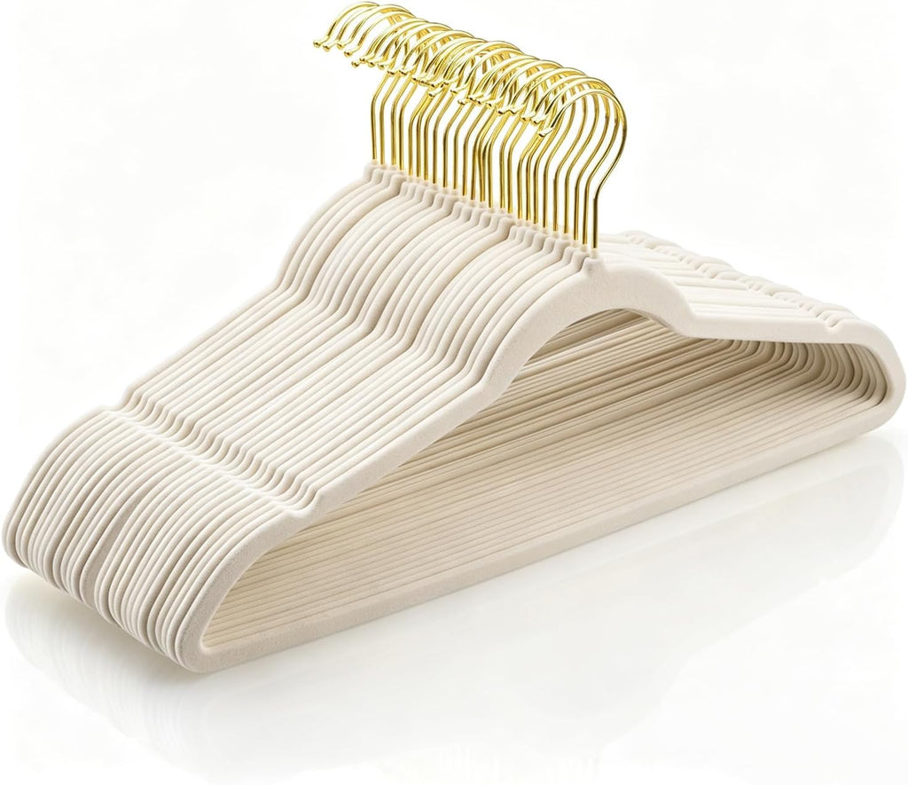 Heavy Duty Velvet Hangers 30 Pack - Non-Slip, Space-Saving Clothes Hangers for Coat/Suit with 360° Rotating Gold Hooks, Durable Premium Felt Hanger for Closet Organization- Ivory
