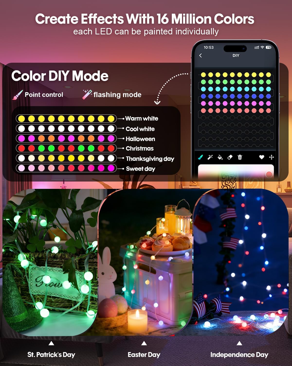 Super RGB Color Changing Globe String Lights, 66ft Smart RGB-IC Fairy Lights with Remote & APP Control, Mini Ball LED Twinkle Lights Hanging for Indoor Bedroom Living Room Birthday Halloween Decor