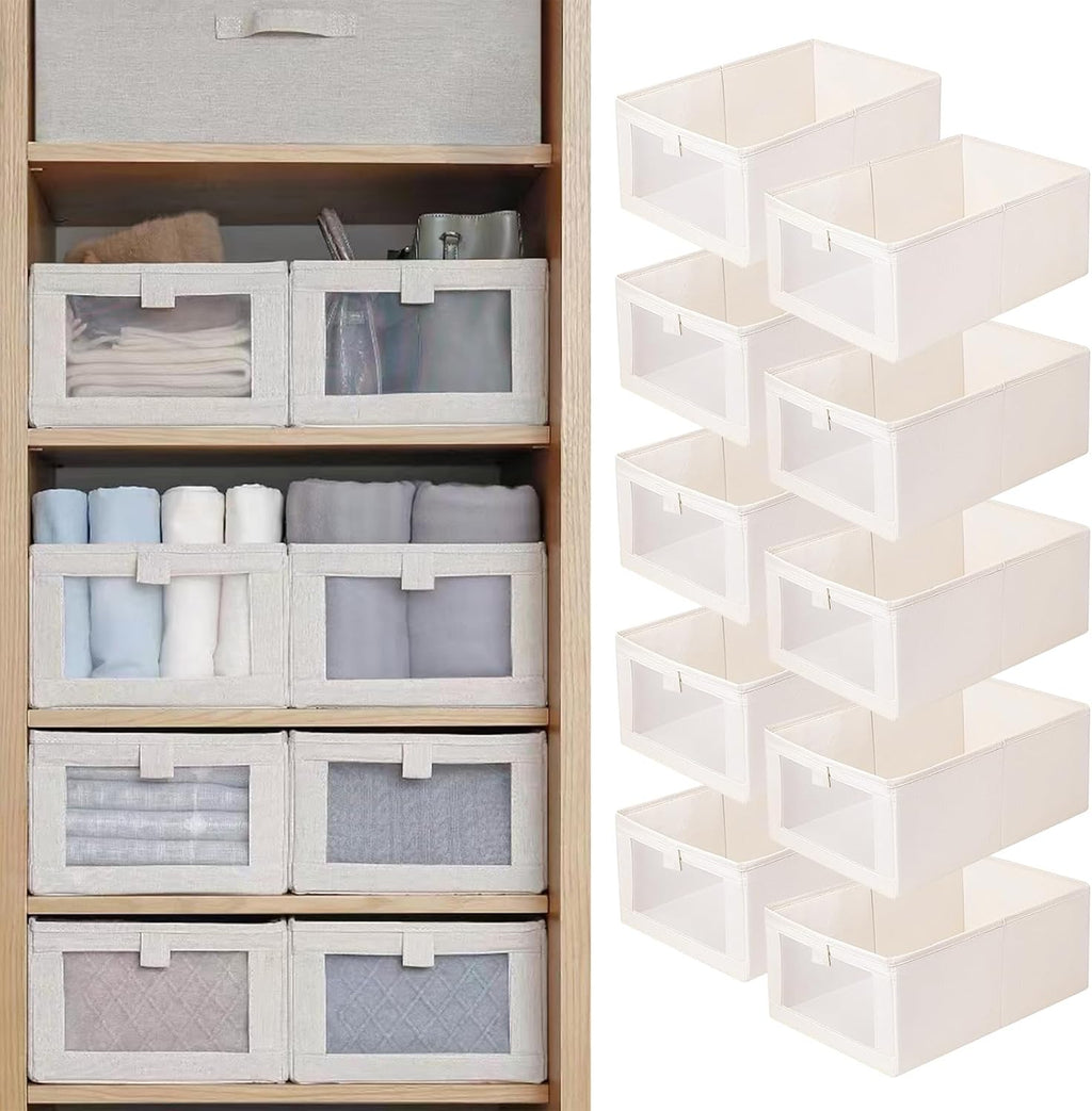 Linen Closet Organizers And Storage, 10 Pack Closet Storage Bins Linen Closet Baskets for Closet Organization Foldable Closet Organizer Bins with Clear Window For Organizing Clothing, Shelves, Jeans