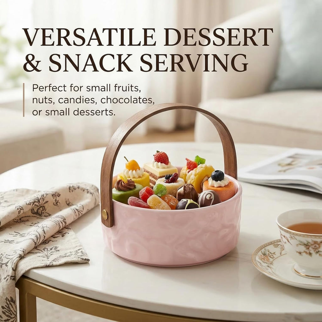 4.7 Inch Ceramic Berry Basket - Cloud Pattern Ceramic Fruit Bowl, Ceramic Snack Bowl With Wooden Handle - Pink Ceramic